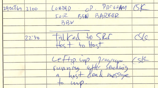 A handwritten log book page recording the first ARPANET connection on 29 October 1969